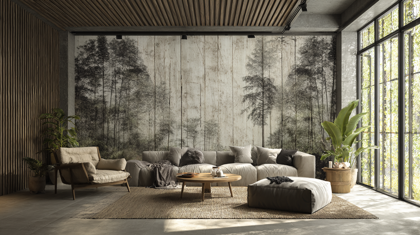 Wohnzimmer mit Bio-E-Paper-Tapete, halb in Betonoptik, halb mit Waldmotiv