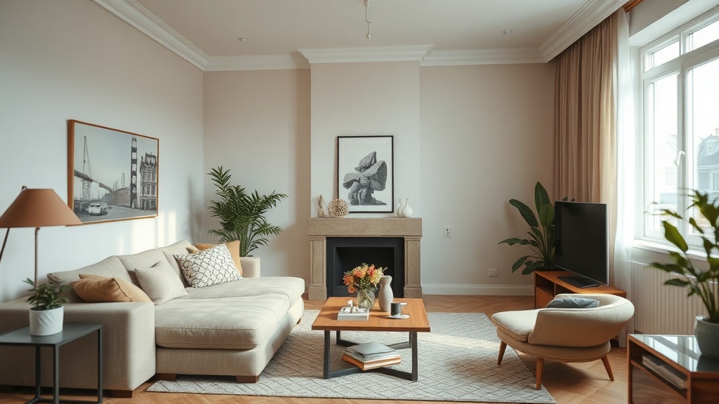 Wohnzimmer mit schweren Vorhängen und Teppich vor großem Fenster, ruhige Farbpalette in Beige und Grau