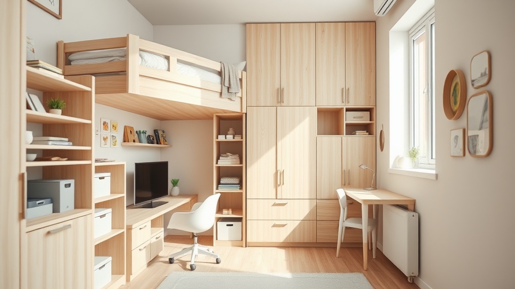Kinderzimmer mit Loftbett, integrierter Schreibtischzone und hellen Holztönen, klare Ordnung auf kleiner Fläche