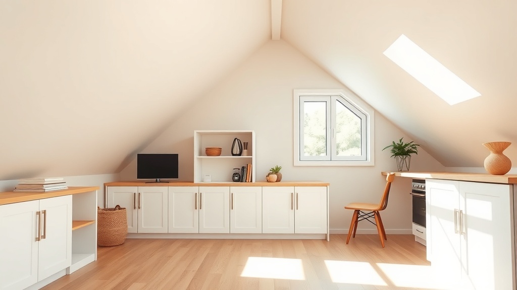 Schrankzone unter Dachschräge mit niedrigen Modulen, heller Holzdeckplatte und weißen Fronten